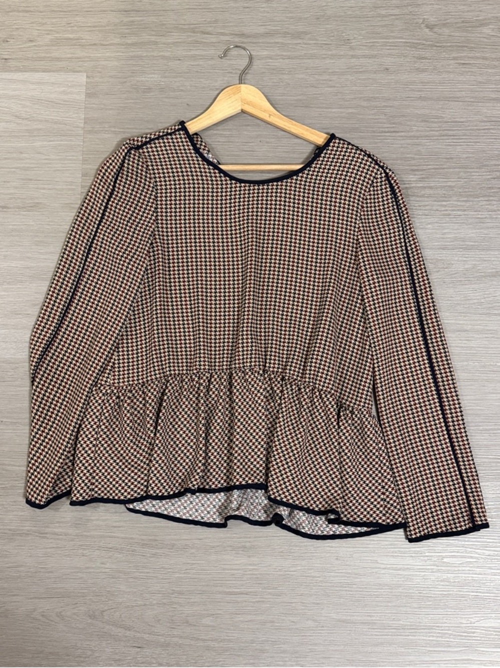 Zara Houndstooth Peplum Long-Sleeve Blouse in Black and Cream